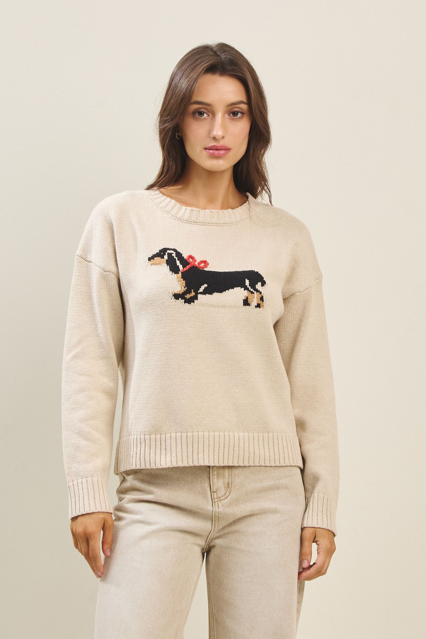 Neutral beige dachshund bow sweater with playful knit dog design, front view on model