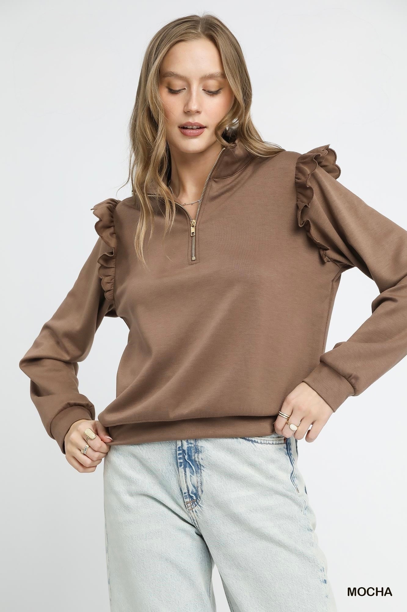 Luxeknit Ruffle Shoulder Quarter-Zip Pullover – Mocha – The Pink Doxie