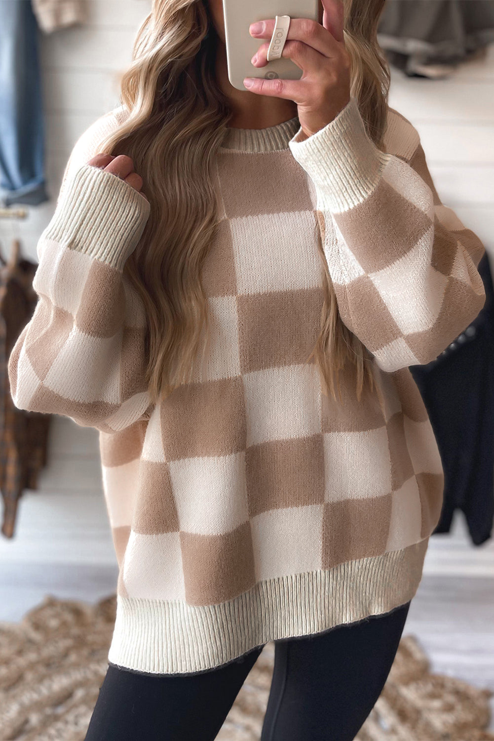 Checkered Knit Sweater | Neutral Oversized Pullover | The Pink