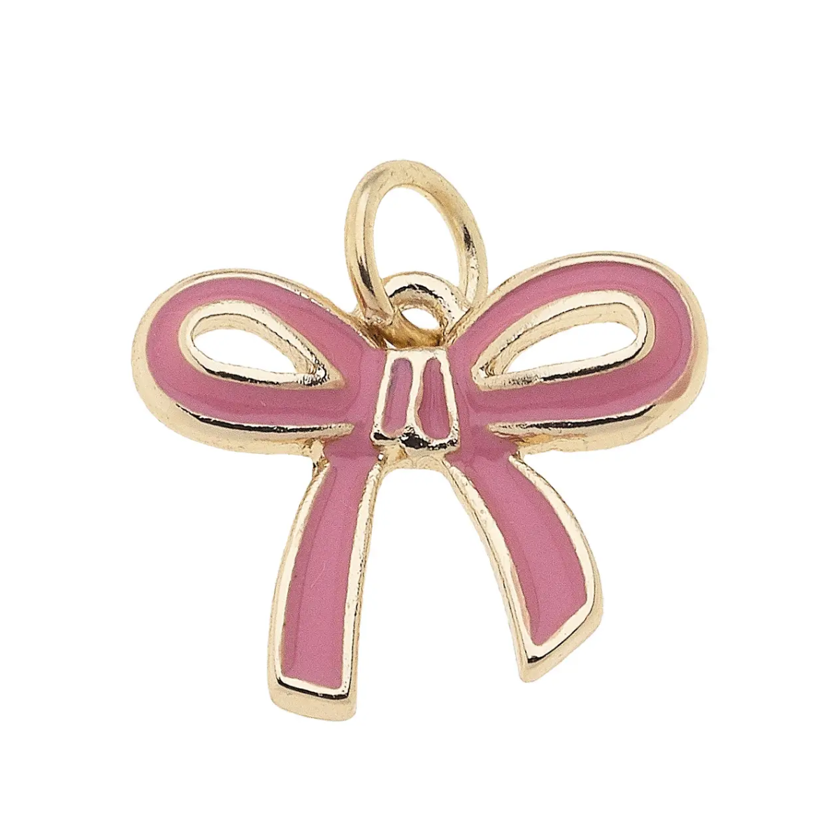 Light pink enamel bow charm pendant with shiny gold trim.