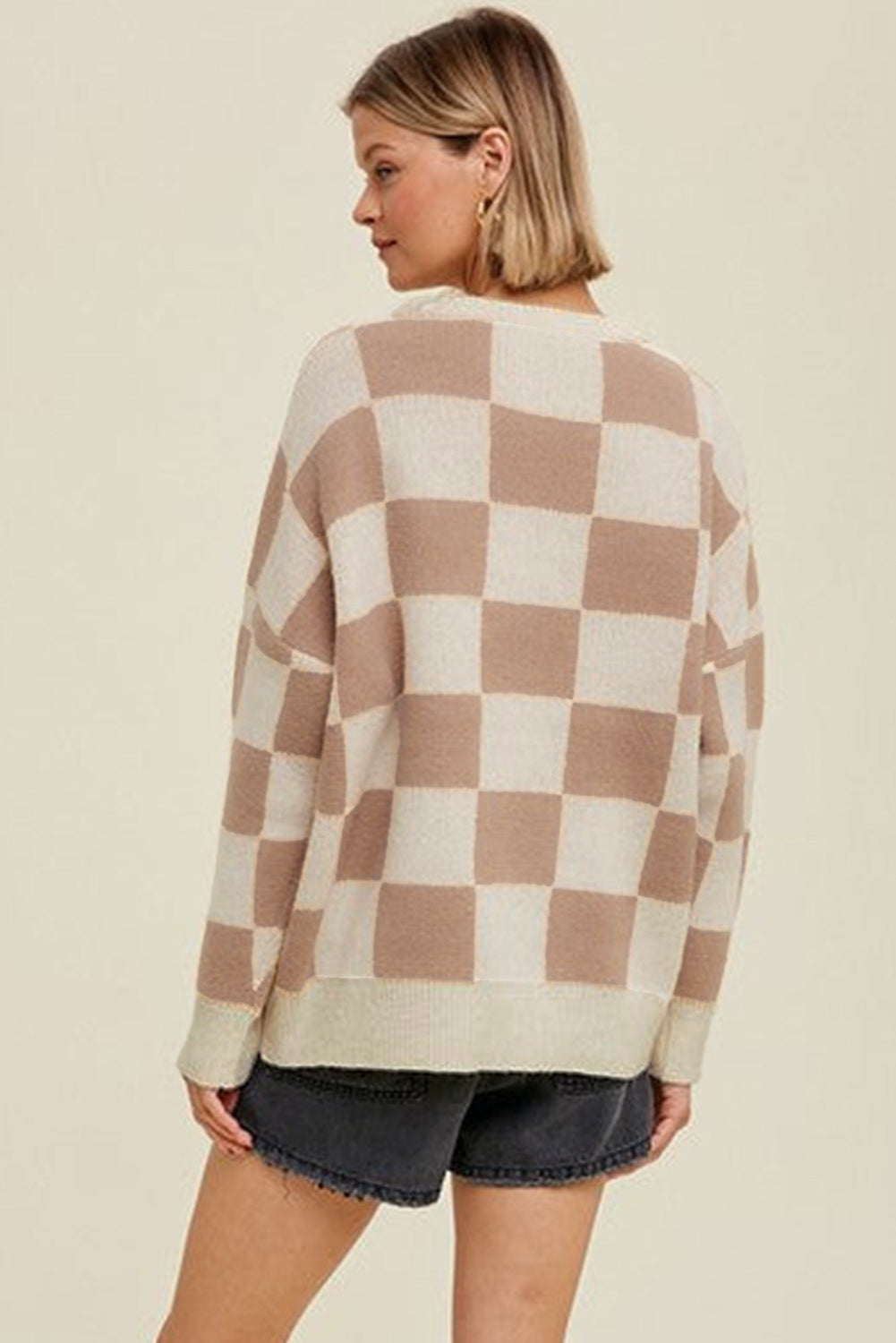 Checkered Knit Sweater | Neutral Oversized Pullover | The Pink