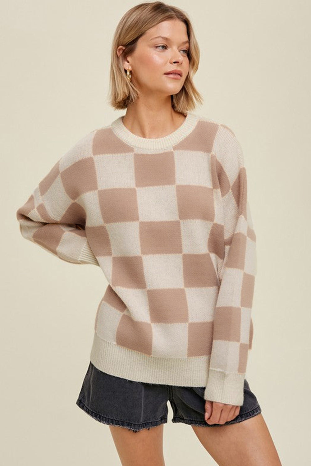 Checkered Knit Sweater | Neutral Oversized Pullover | The Pink