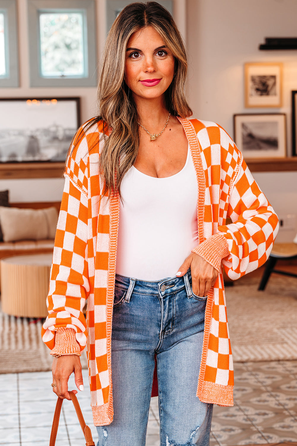Tennessee Orange Checkered Cardigan | Game Day Open Front Sweater