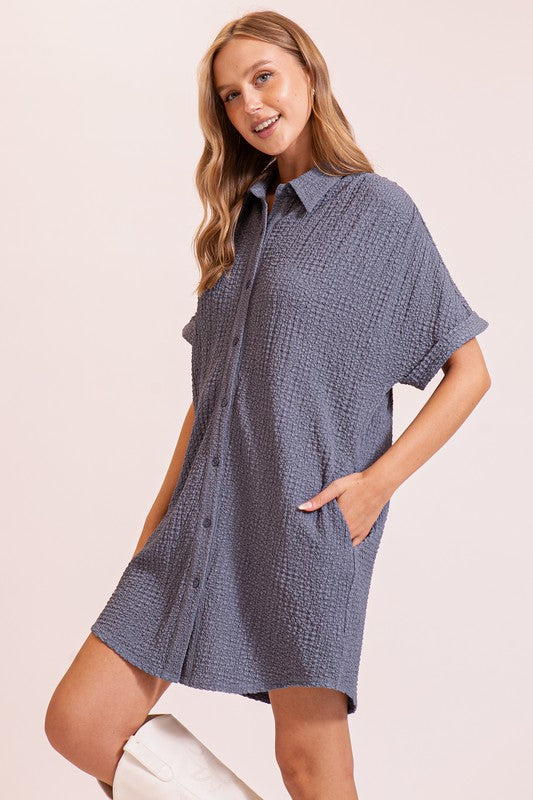 Boho Textured T-Shirt Dress - Dusty Blue / S - Dress