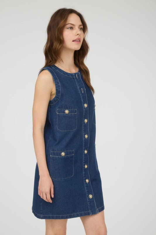 Gold Button Down Sleeveless Denim Mini Dress - Dress