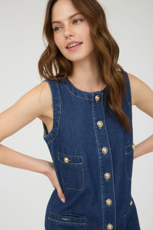 Gold Button Down Sleeveless Denim Mini Dress - Dress