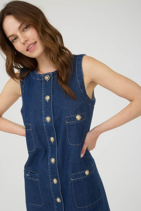 Gold Button Down Sleeveless Denim Mini Dress - Dress