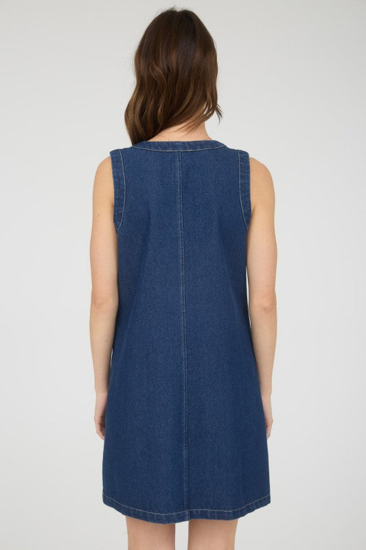 Gold Button Down Sleeveless Denim Mini Dress - Dress