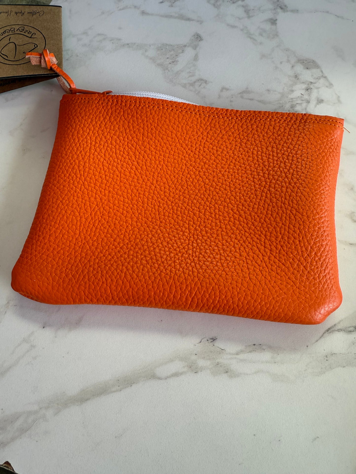Jazzy Bean Leather Zipper Pouch – Tennessee Orange with Silver Logo - Accessories