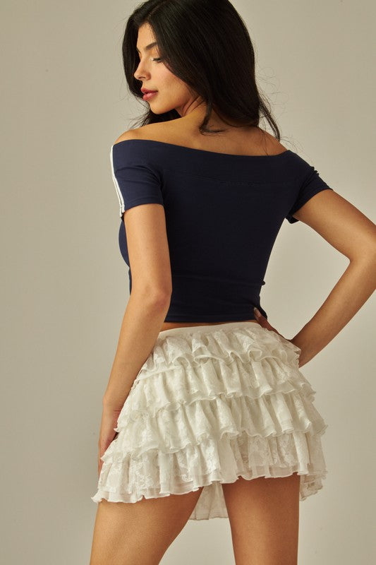 Lace Ruffled Bow Accent Mini Skirt Skort - Skort