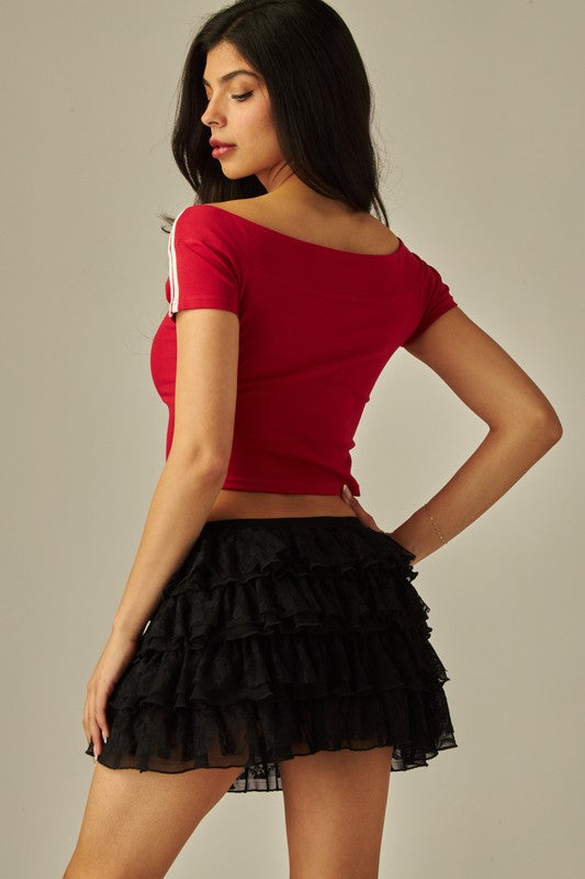 Lace Ruffled Bow Accent Mini Skirt Skort - Skort