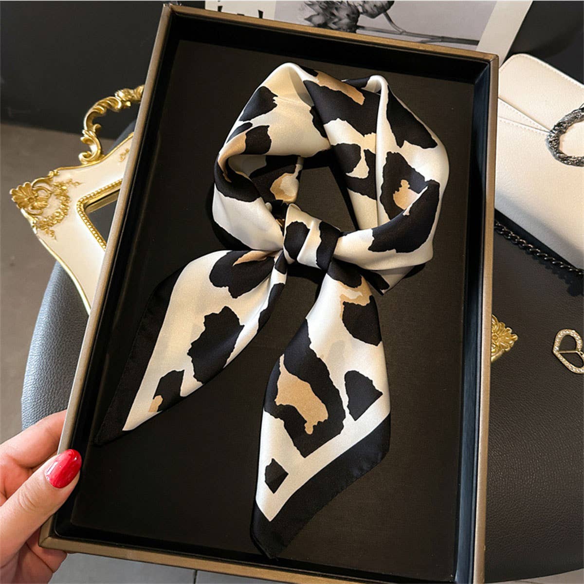 Leopard Print Satin Square Scarf – 27.6” Square - Leopard - Accessories