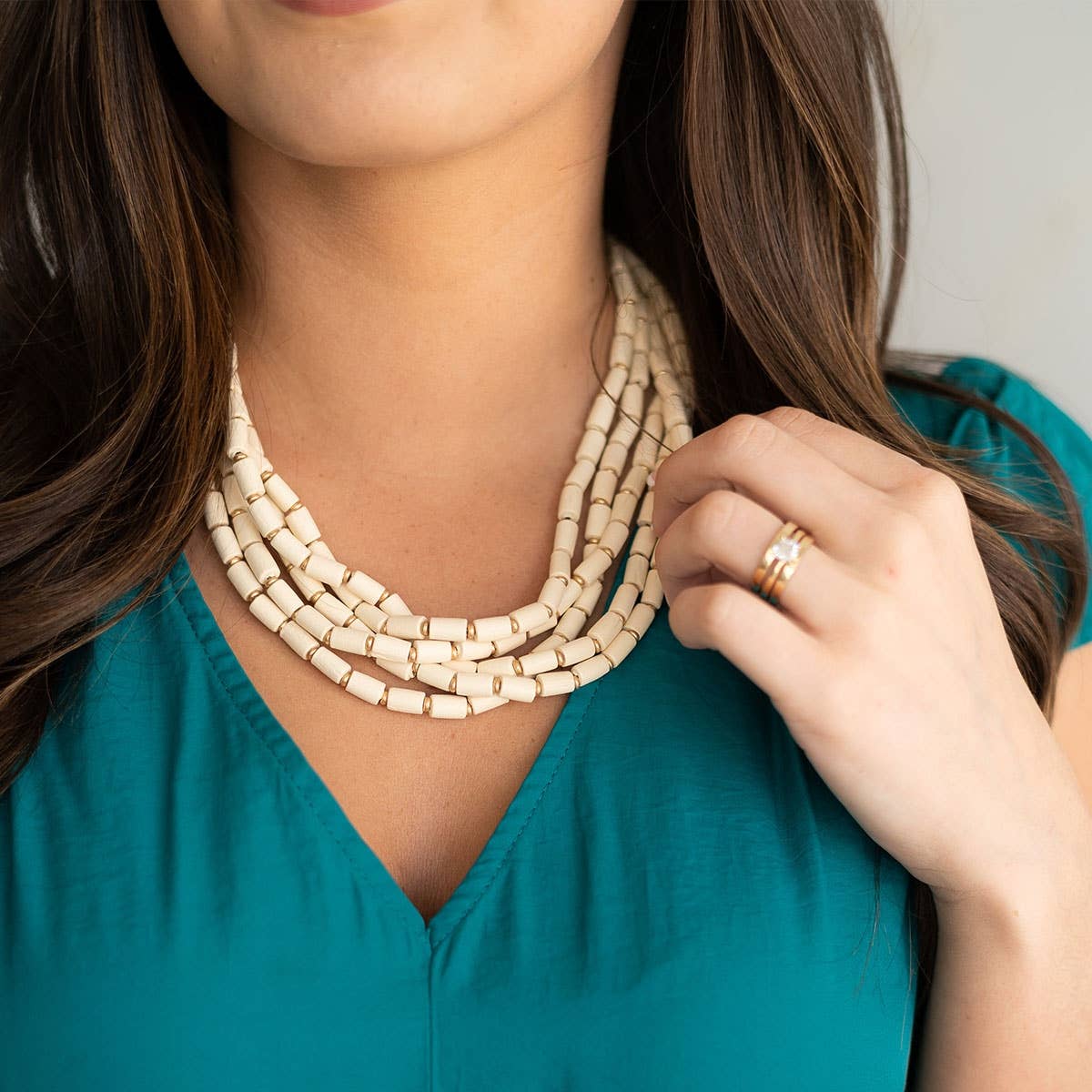 Madelyn Layered Wooden Bead Necklace – Adjustable 18’’-21’’ with Gold Accents
