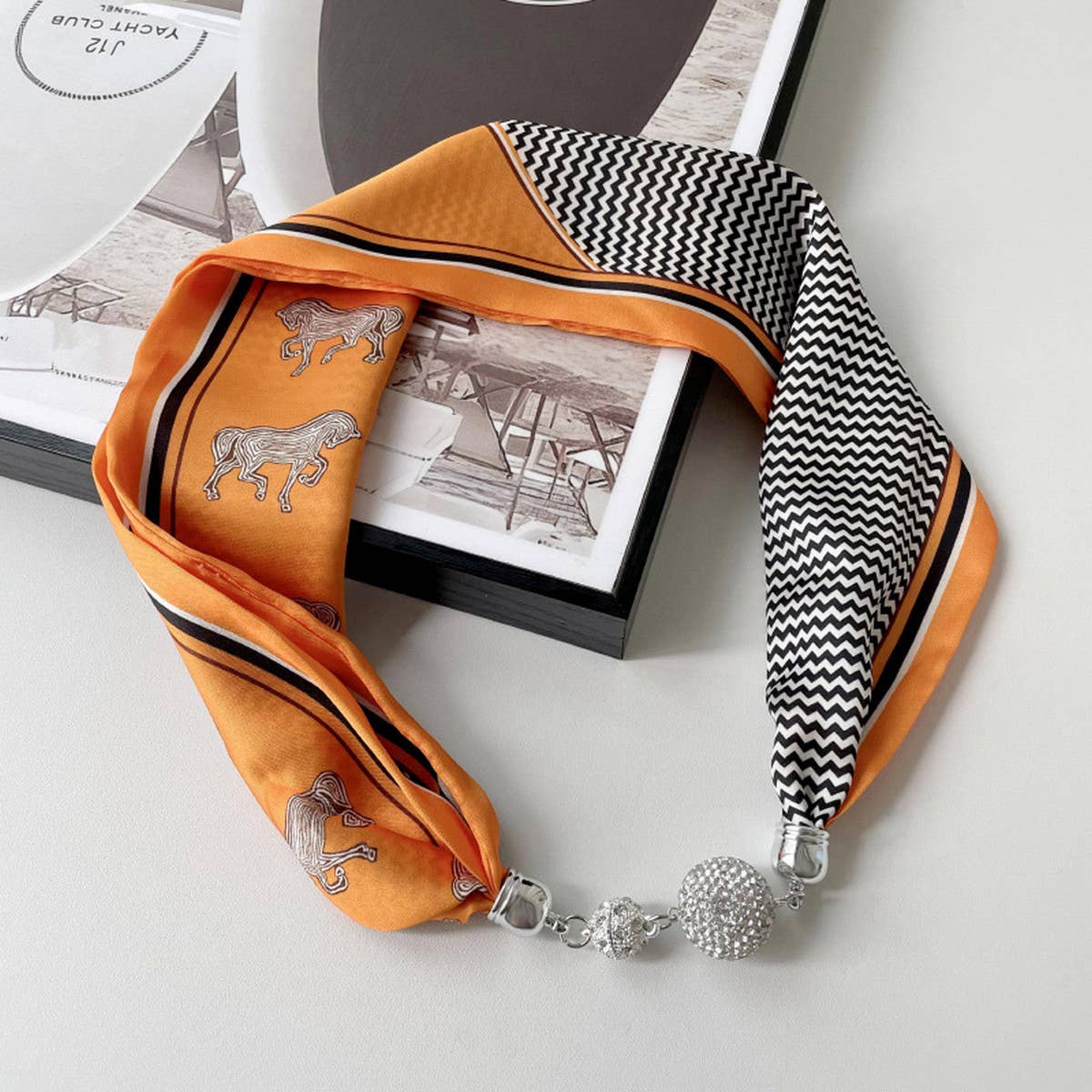 Magnetic Silk Scarf Necklace – Elegant Neck Wrap with Statement Clasp - Orange - Accessories