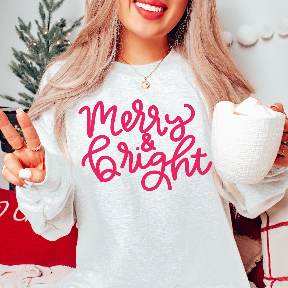 Merry & Bright Pink Script Sweatshirt - Women > Tops > Tshirts > Graphic