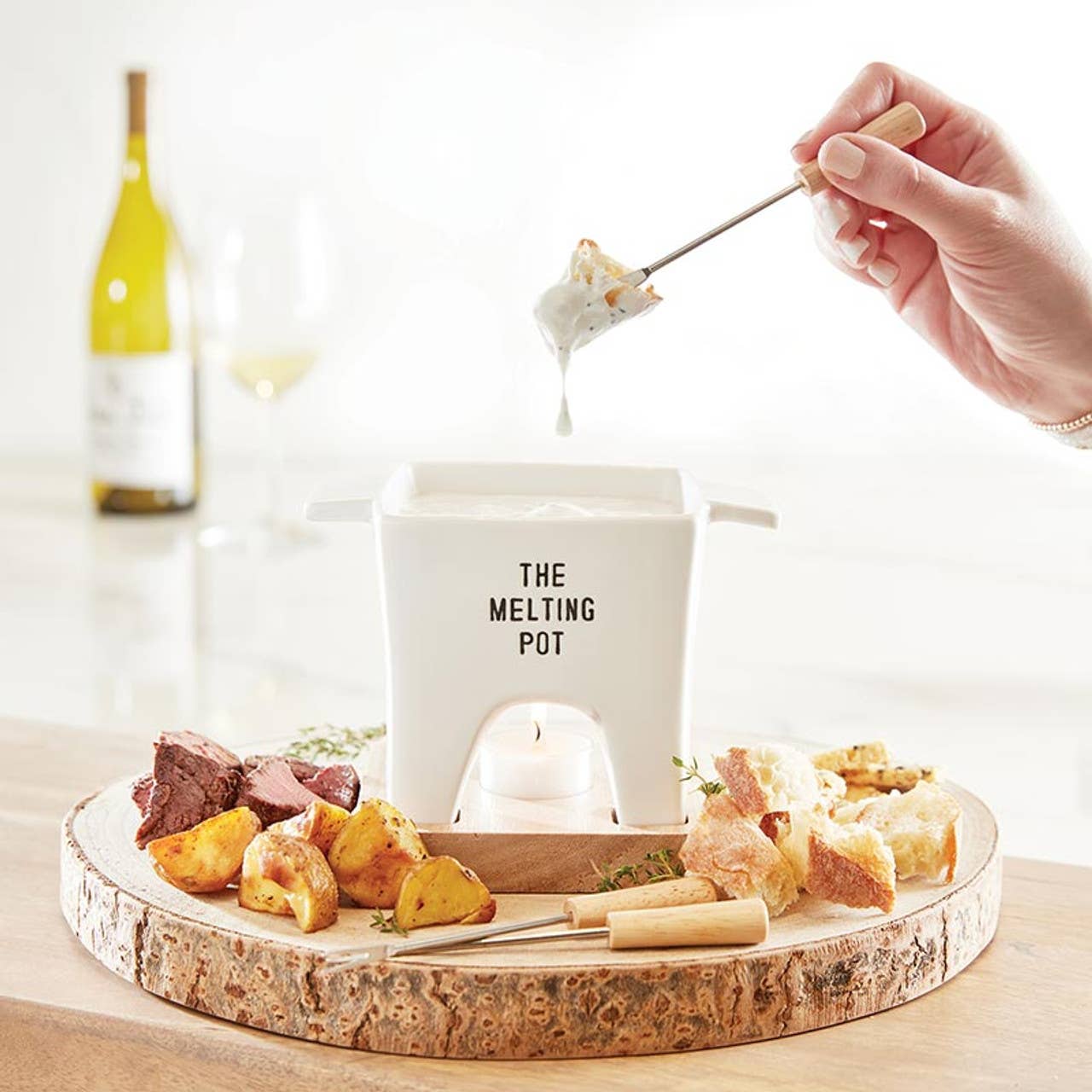 Mini Fondue Pot - The Melting Pot - Ceramic, Paulownia Wood, Rubber wood / Hand Wash Only