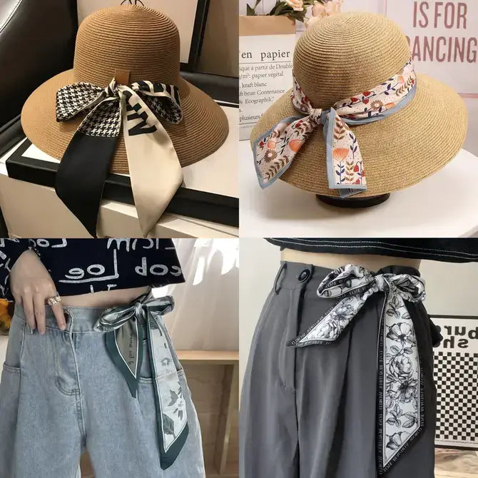 Neutral Long Twilly Scarf – Soft Patterned Skinny Scarves (4 Styles) - Accessories