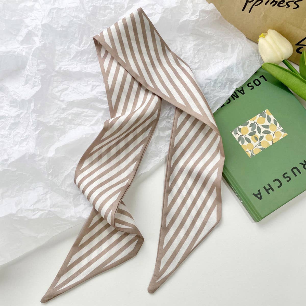Neutral Long Twilly Scarf – Soft Patterned Skinny Scarves (4 Styles) - Khaki Stripe - Accessories