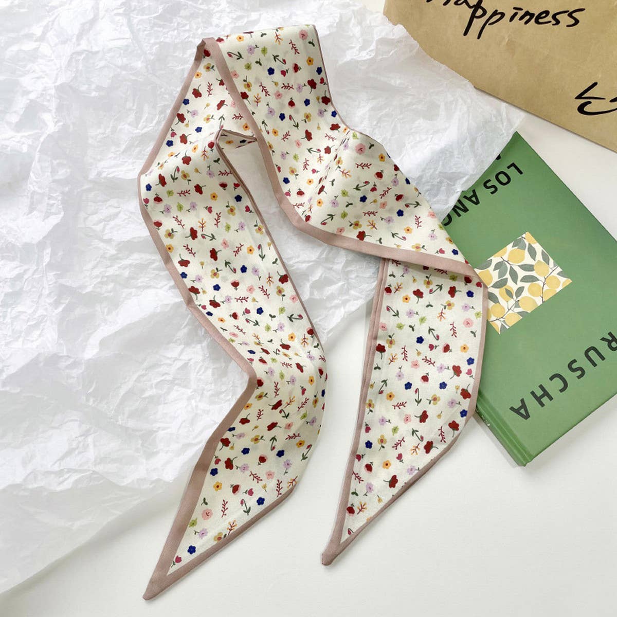 Neutral Long Twilly Scarf – Soft Patterned Skinny Scarves (4 Styles) - Apricot Flower - Accessories