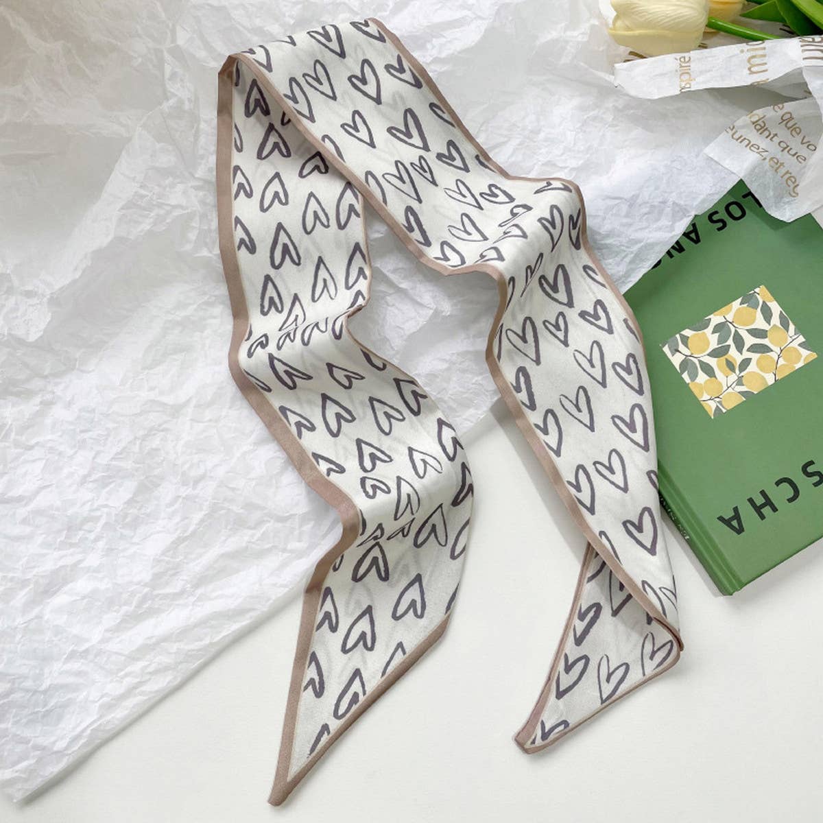 Neutral Long Twilly Scarf – Soft Patterned Skinny Scarves (4 Styles) - Love - Accessories