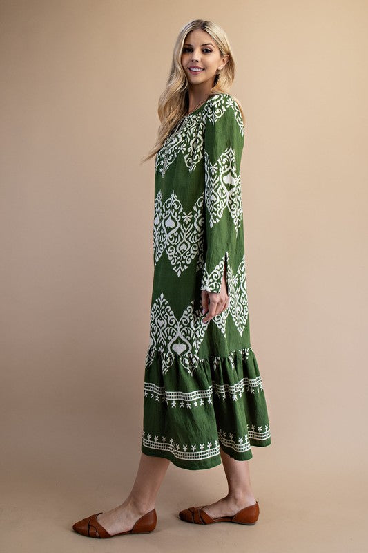 Olive & Cream Printed Midi Dress - Dress