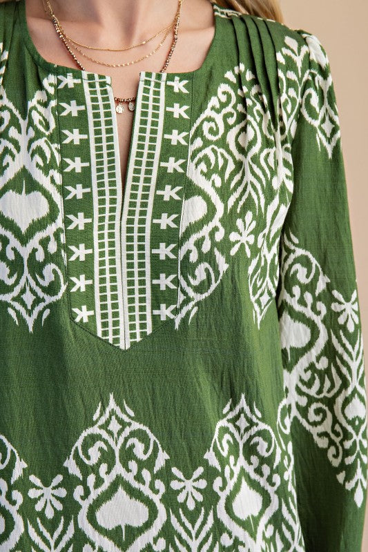 Olive & Cream Printed Midi Dress - Dress