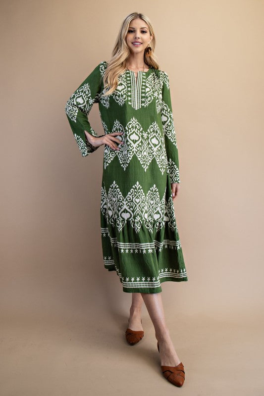 Olive & Cream Printed Midi Dress - Dress