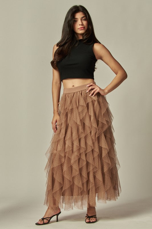 Ruffle Asymmetric Dotted Tulle Skirt - Skirt