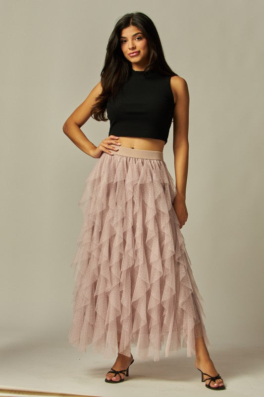 Ruffle Asymmetric Dotted Tulle Skirt - Skirt