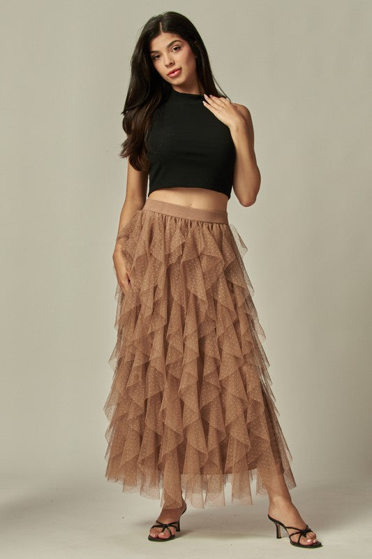 Ruffle Asymmetric Dotted Tulle Skirt - Skirt