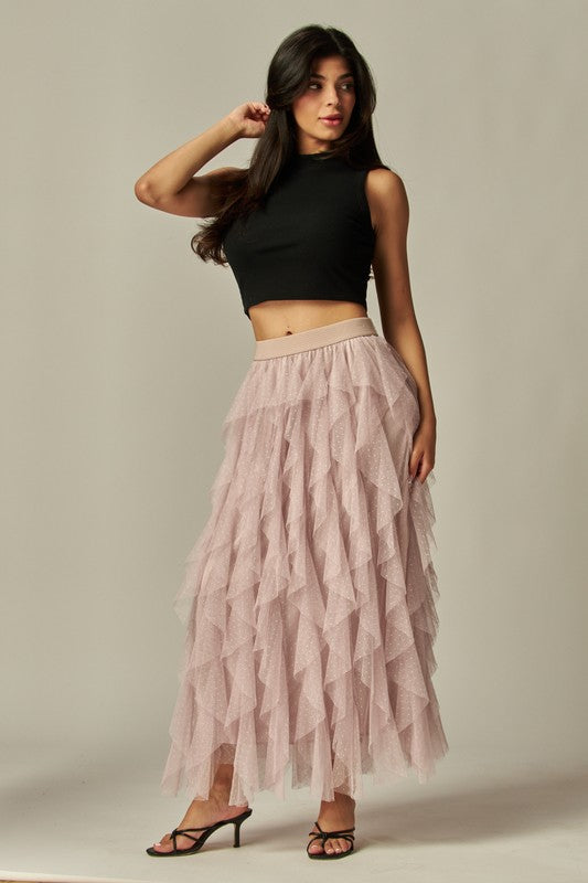 Ruffle Asymmetric Dotted Tulle Skirt - Skirt