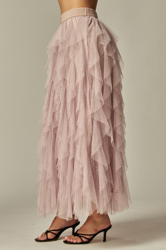 Ruffle Asymmetric Dotted Tulle Skirt - Skirt