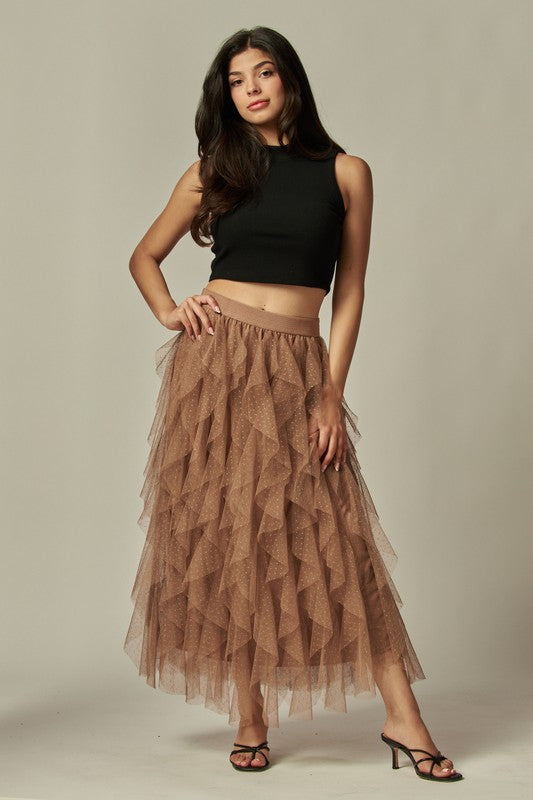 Ruffle Asymmetric Dotted Tulle Skirt - Skirt