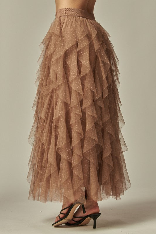 Ruffle Asymmetric Dotted Tulle Skirt - Skirt