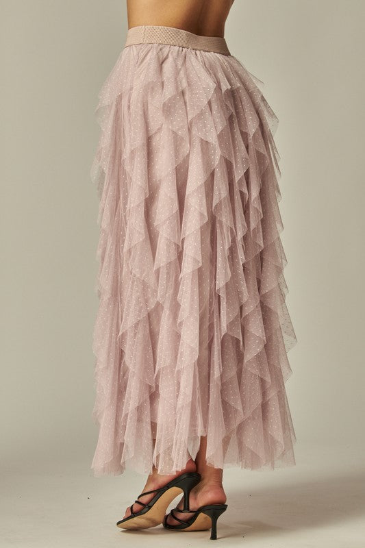 Ruffle Asymmetric Dotted Tulle Skirt - Skirt