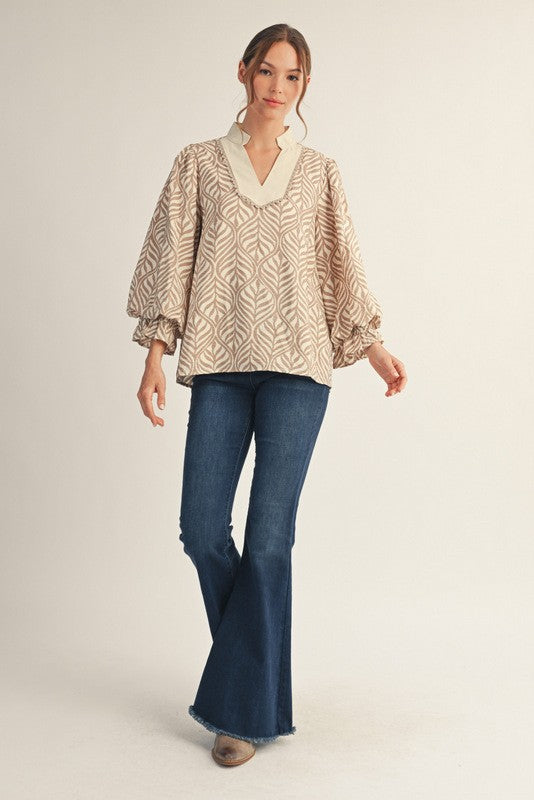 Standing Collared Boho Leaf Print Top – Lace Trim Detail - Women > Activewear > Tops > Long Sleeve