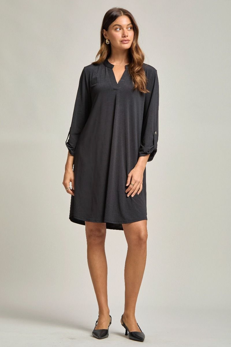 Wrinkle-Free Long Sleeve Dress — Black & Mocha - Dress