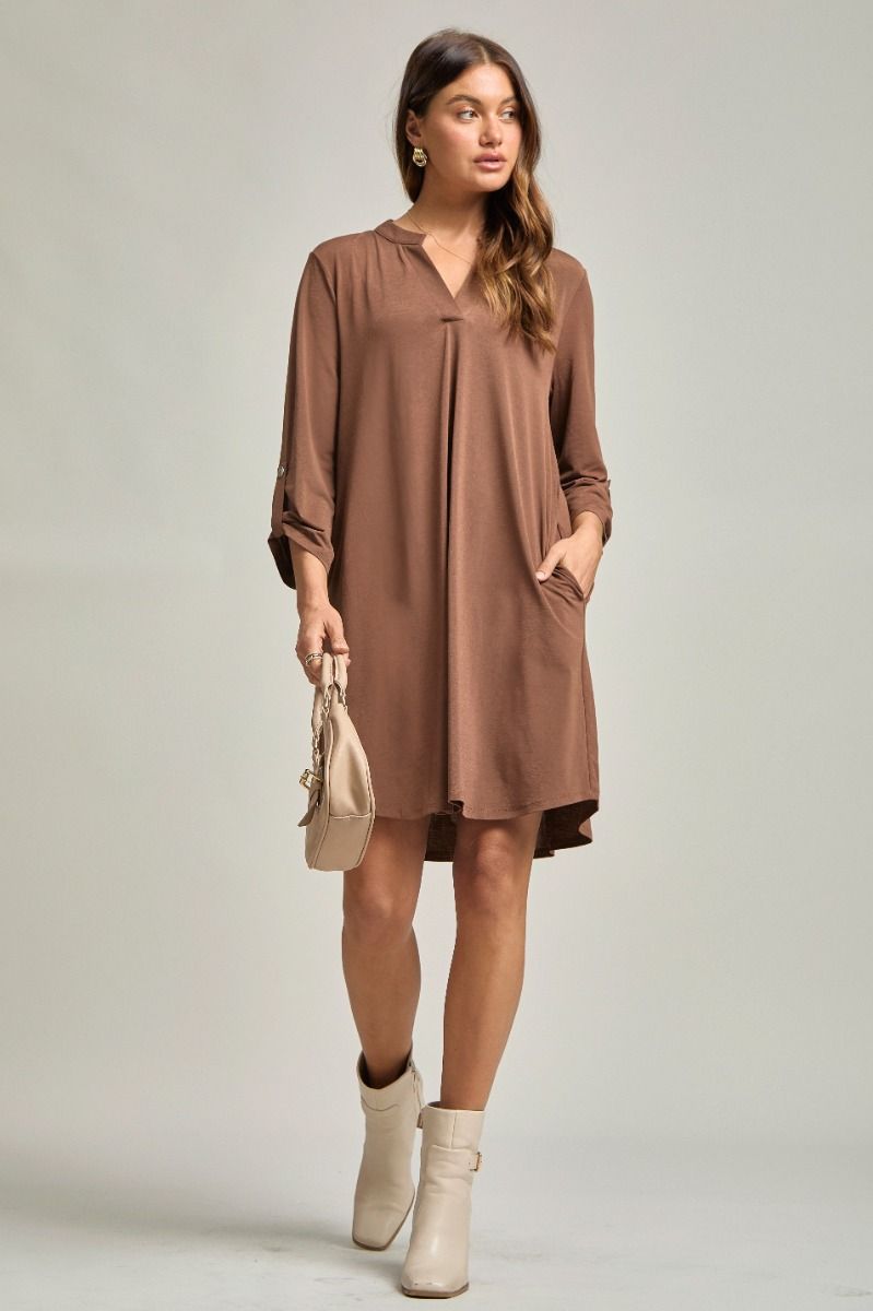 Wrinkle-Free Long Sleeve Dress — Black & Mocha - Dress