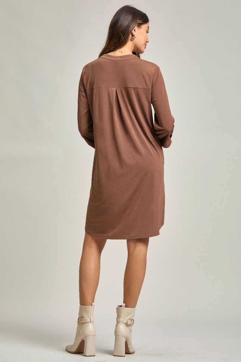 Wrinkle-Free Long Sleeve Dress — Black & Mocha - Dress