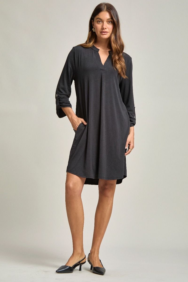 Wrinkle-Free Long Sleeve Dress — Black & Mocha - Black / S - Dress