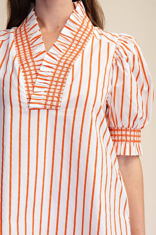 Ruffle V-Neck Smocked Puff Sleeve Stripe Mini Dress