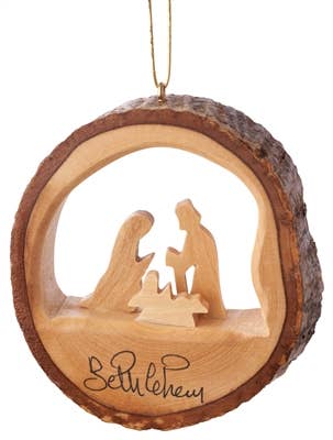 Round bark ornament with holy family - 3"