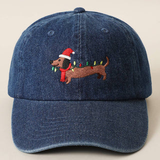 Christmas Dachshund Embroidered Denim Cap