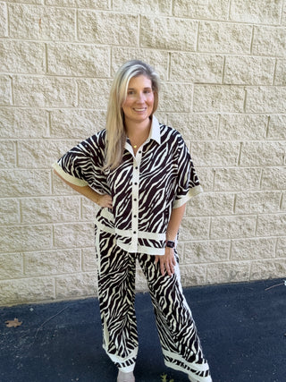 Luxe Zebra Print Button-Down & Wide-Leg Set