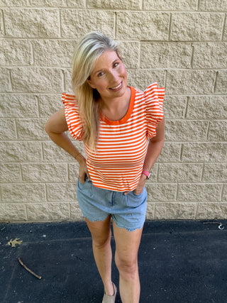 Game Day Glam: Orange Striped Ruffle Sleeve Knit Top