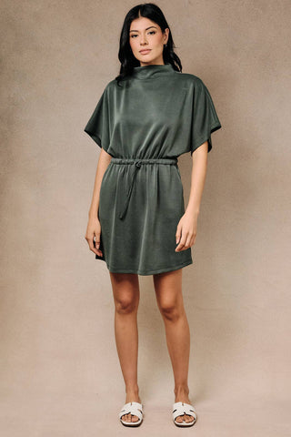 Chic Mock Neck Dolman Mini Dress – Effortless Cinched Waist Style