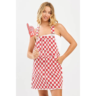 GAME DAY CHECKERED BIB OVERALL MINI DRESS