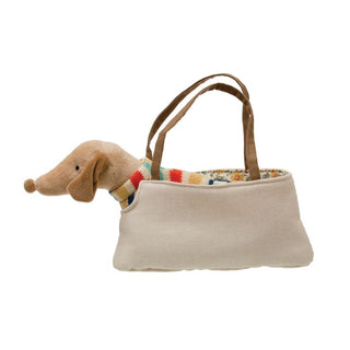 Cozy Cotton Dachshund Plush Toy with Striped Sweater & Floral Travel Carrier
