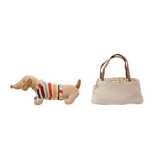 Cozy Cotton Dachshund Plush Toy with Striped Sweater & Floral Travel Carrier