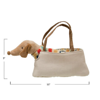 Cozy Cotton Dachshund Plush Toy with Striped Sweater & Floral Travel Carrier